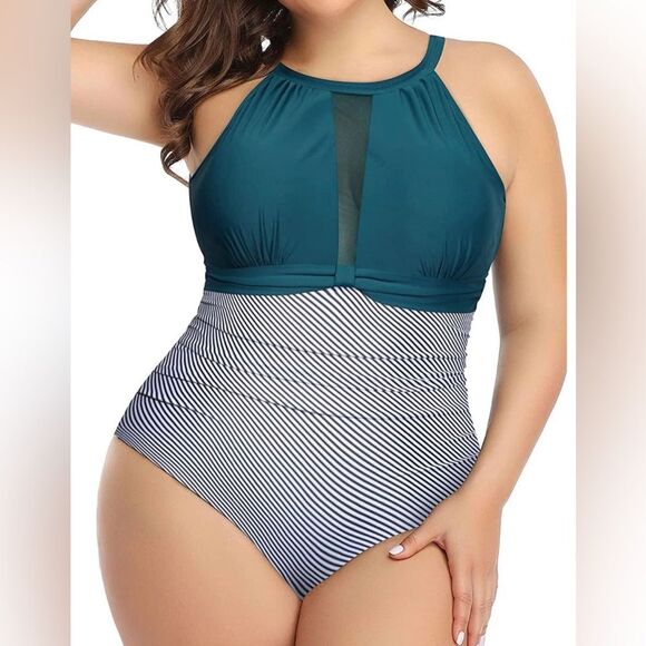 Tempt Me  One Piece Swimsuit High Neck Plunge Ruched Tummy Control Teal XLarge - Picture 1 of 4